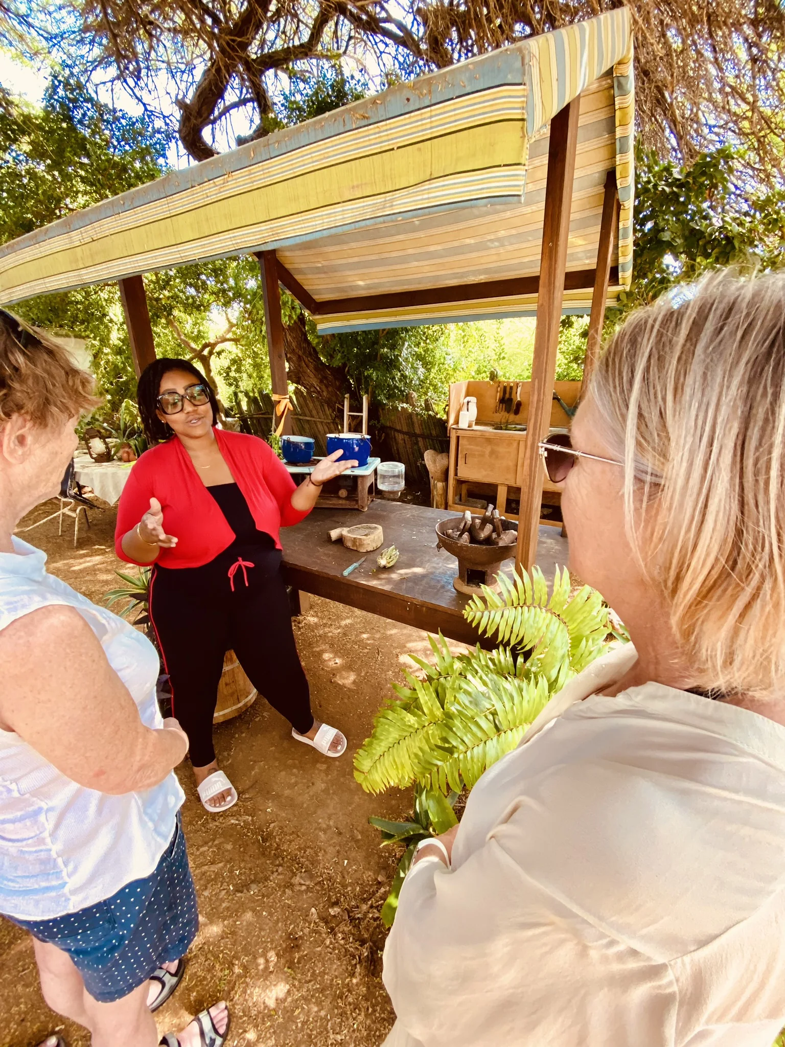 Gäste lauschen einer Erklärung in einem Garten auf Curaçao